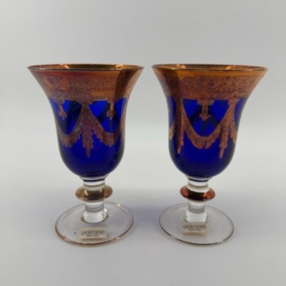 Horchow Set of 2 Cobalt Blue and Gold Gilded Stemware‎ Glasses Made in Italy